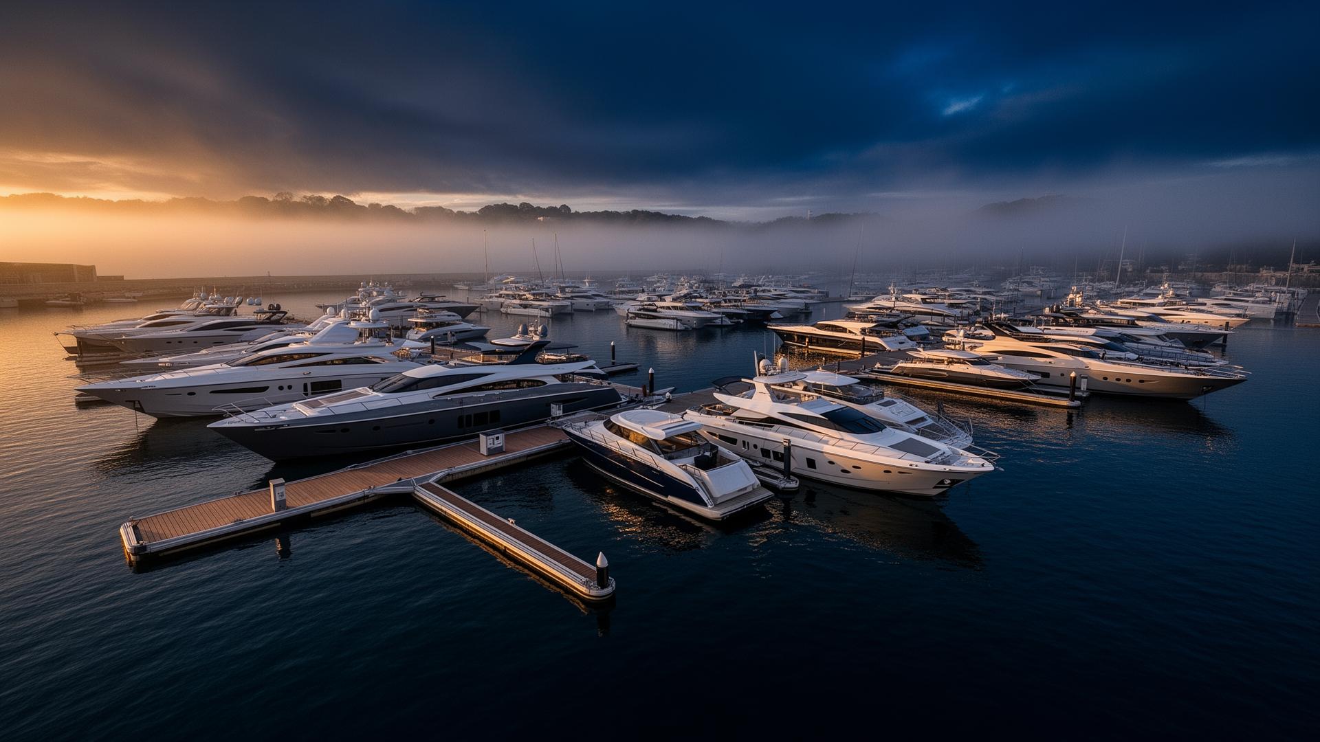Marina ao amanhecer com iates atracados